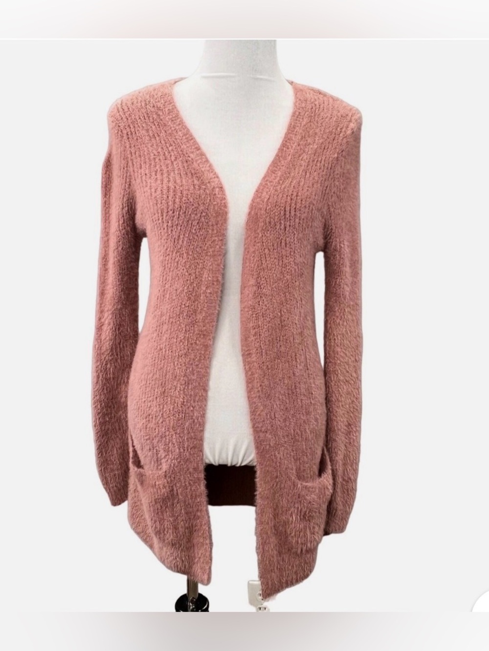 Love Tree Fuzzy Eyelash Knit Long Cardigan in the color Mauve